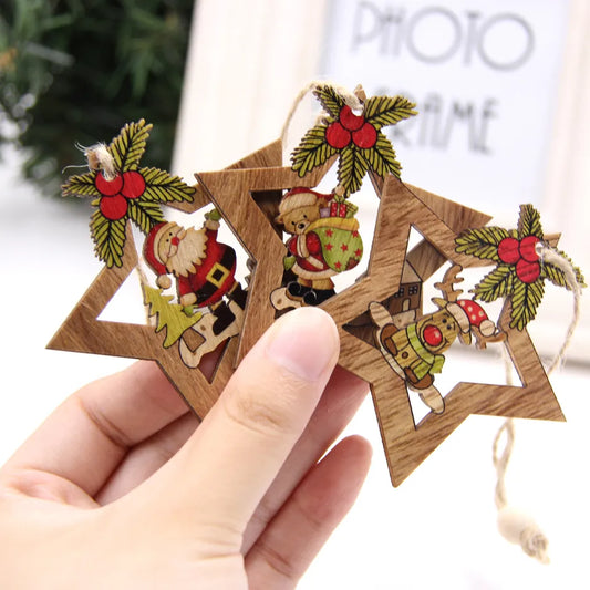 1SET Star Printed Wooden Pendant Ornaments