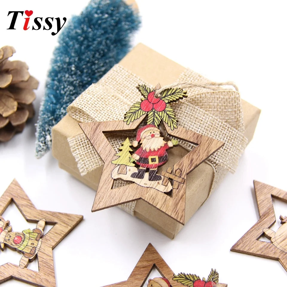 1SET Star Printed Wooden Pendant Ornaments